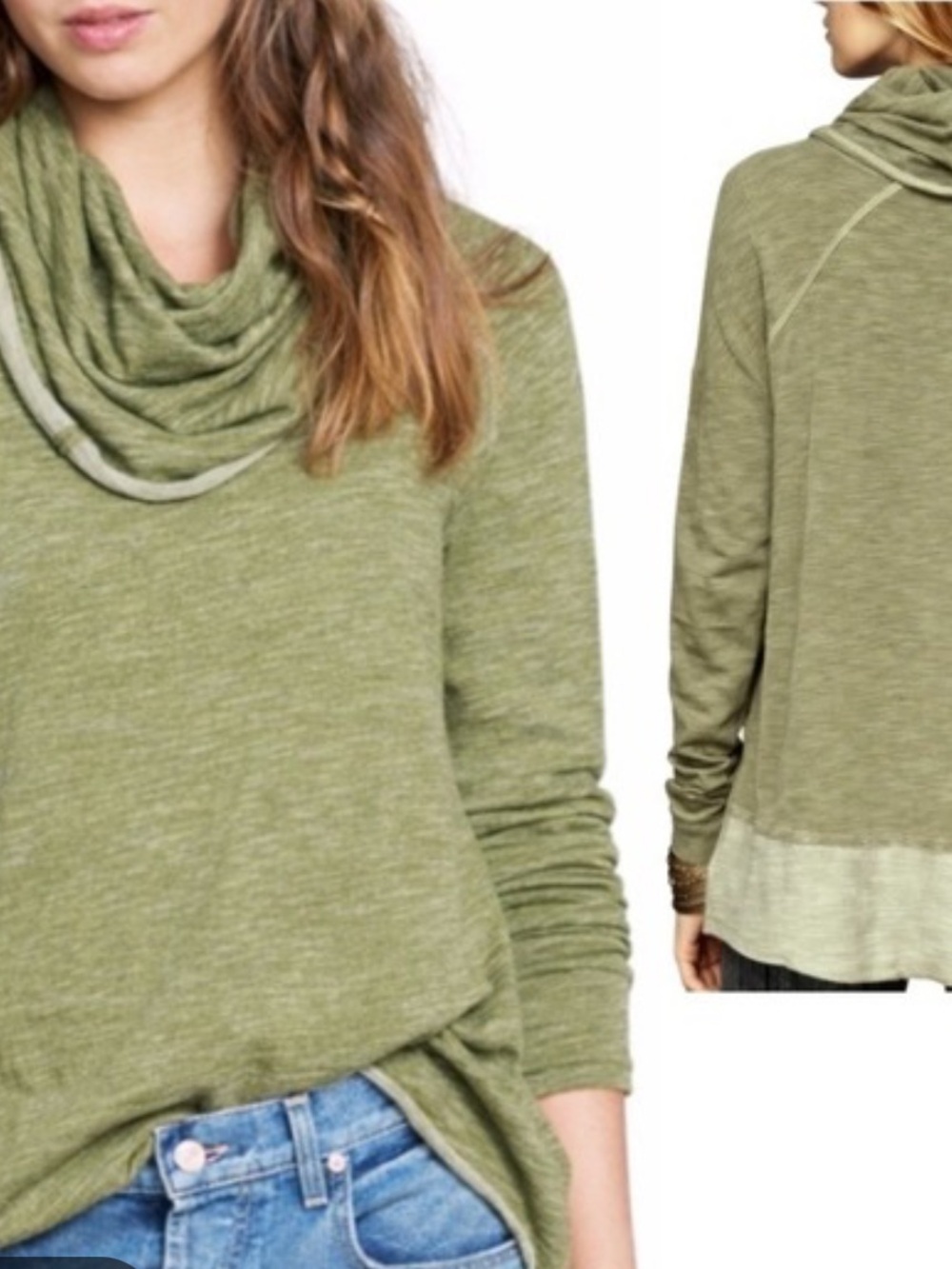 Free People Olive Green Cowl Neck beach cocoon Sweater with Cowl Collar OS